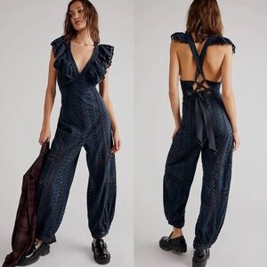 Free People Mikayla Navy Eyelet Ruffle Open-Back Jumpsuit | Size S